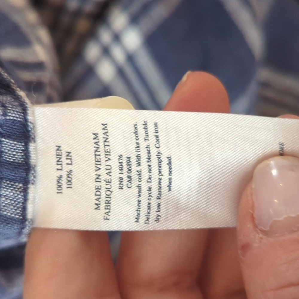 100% Linen Faherty Navy and White Plaid Shirt - Picture 6 of 8